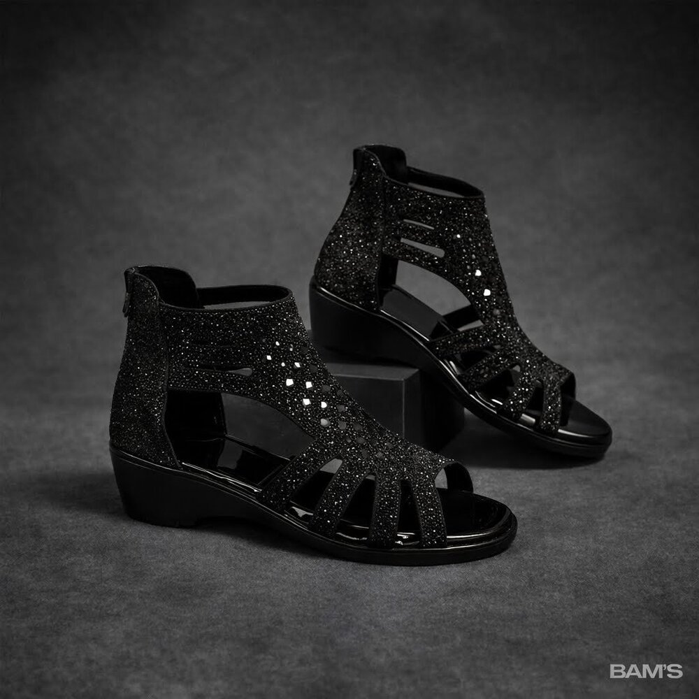 Black Rhinestone Cutout Block Heel‎ Sandals |Temu | Size 9